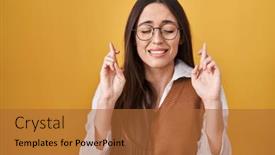  Presentation with hope - Presentation theme having young-brunette-woman-standing-over background and a red colored foreground
