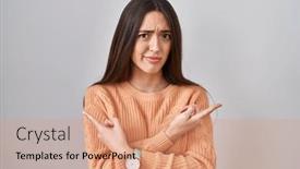  Presentation with direction - Slide deck having young-brunette-woman-standing-over background and a coral colored foreground