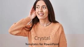  Presentation with hearing - Slides enhanced with young-brunette-woman-standing-over background and a coral colored foreground