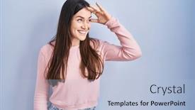  Presentation with far away - PPT theme consisting of young-brunette-woman-standing-over background and a light blue colored foreground