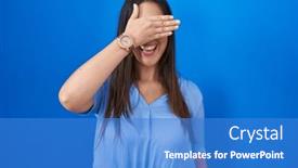  Presentation with blind - Slides with young-brunette-woman-standing-over background and a teal colored foreground