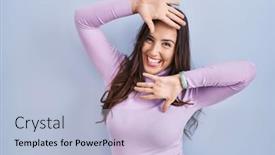  Presentation with cheerful - Presentation theme consisting of young-brunette-woman-standing-over background and a light blue colored foreground