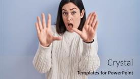  Presentation with panic - Slide deck featuring young-brunette-woman-standing-over background and a light gray colored foreground