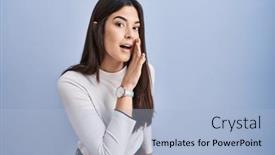  Presentation with talk - PPT layouts with young-brunette-woman-standing-over background and a light blue colored foreground