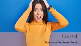  Presentation with woman hands open - PPT theme enhanced with young-brunette-woman-standing-over background and a yellow colored foreground