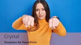  Presentation with woman fighting for her rights - PPT layouts enhanced with young-brunette-woman-standing-over background and a gold colored foreground