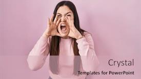  Presentation with mouth - Theme consisting of young-brunette-woman-standing-over background and a soft green colored foreground