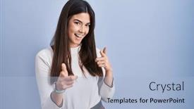  Presentation with energy - Slide deck featuring young-brunette-woman-standing-over and a light blue colored foreground