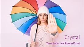  Presentation with under umbrella - Cool new PPT theme with young-brunette-woman-under-colorful backdrop and a pink colored foreground