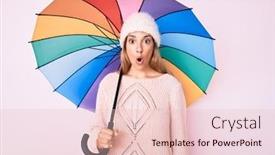  Presentation with under umbrella - Presentation theme having young-brunette-woman-under-colorful background and a lemonade colored foreground