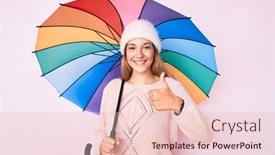  Presentation with under umbrella - Colorful PPT layouts enhanced with young-brunette-woman-under-colorful backdrop and a lemonade colored foreground