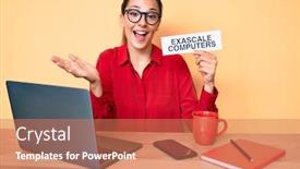  Presentation with computers - Colorful presentation enhanced with young-brunette-woman-using-laptop backdrop and a coral colored foreground