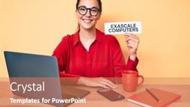  Presentation with computers - Slide set with young-brunette-woman-using-laptop background and a coral colored foreground