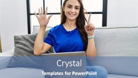  Presentation with laptop - Presentation design enhanced with young-brunette-woman-using-laptop background and a teal colored foreground