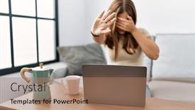  Presentation with sad woman - PPT theme with young-brunette-woman-using-laptop background and a coral colored foreground