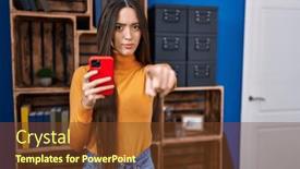  Presentation with smartphone - Slide deck consisting of young-brunette-woman-using-smartphone background and a  colored foreground