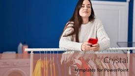  Presentation with waiting - Presentation theme enhanced with young-brunette-woman-waiting background and a  colored foreground