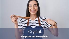  Presentation with apron - Presentation design featuring young-brunette-woman-wearing-apron background and a  colored foreground