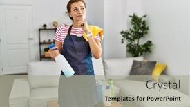  Presentation with apron - PPT theme featuring young-brunette-woman-wearing-apron background and a light gray colored foreground