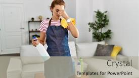  Presentation with stress - Slide set consisting of young-brunette-woman-wearing-apron background and a  colored foreground