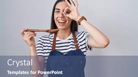  Presentation with apron - Slide set consisting of young-brunette-woman-wearing-apron background and a  colored foreground