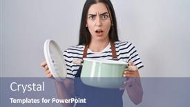  Presentation with apron - Slide deck having young-brunette-woman-wearing-apron background and a ocean colored foreground