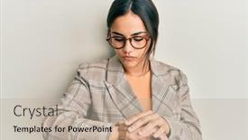  Presentation with young business woman smile show - Cool new slides with young-brunette-woman-wearing-business backdrop and a mint green colored foreground