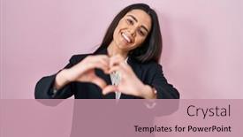  Presentation with pink business - PPT theme having young-brunette-woman-wearing-business background and a coral colored foreground