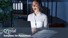  Presentation with call center - PPT theme featuring young-brunette-woman-wearing-call background and a ocean colored foreground