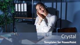  Presentation with call center - Slide set with young-brunette-woman-wearing-call background and a ocean colored foreground