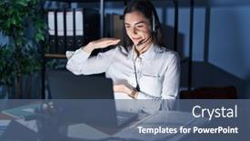  Presentation with call center - Presentation theme enhanced with young-brunette-woman-wearing-call background and a  colored foreground