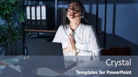  Presentation with call center - PPT theme featuring young-brunette-woman-wearing-call background and a ocean colored foreground