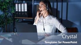  Presentation with call center - Presentation with young-brunette-woman-wearing-call background and a ocean colored foreground