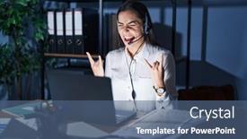  Presentation with rock star - Presentation design having young-brunette-woman-wearing-call background and a ocean colored foreground