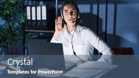  Presentation with hearing - Slide set having young-brunette-woman-wearing-call background and a  colored foreground