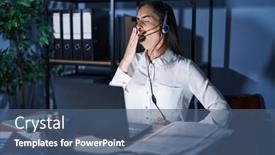  Presentation with call center - Presentation design with young-brunette-woman-wearing-call background and a ocean colored foreground