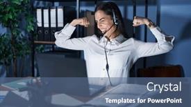  Presentation with call center - Presentation consisting of young-brunette-woman-wearing-call background and a  colored foreground
