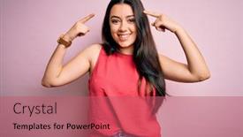 Presentation with great idea - Amazing PPT theme having young-brunette-woman-wearing-casual backdrop and a coral colored foreground
