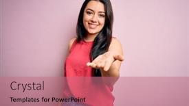 Presentation with hand palm - PPT layouts consisting of young-brunette-woman-wearing-casual background and a coral colored foreground