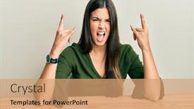  Presentation with rock star - Cool new slides with young-brunette-woman-wearing-casual backdrop and a coral colored foreground