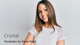  Presentation with camera - Audience pleasing PPT theme consisting of young-brunette-woman-wearing-casual backdrop and a light gray colored foreground
