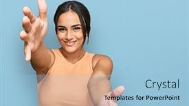 Presentation with hug - Colorful presentation design enhanced with young-brunette-woman-wearing-casual backdrop and a light blue colored foreground