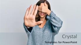  Presentation with woman sad - Cool new slide set with young-brunette-woman-wearing-casual backdrop and a light blue colored foreground