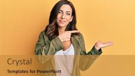  Presentation with woman outlaw - Slides featuring young-brunette-woman-wearing-casual background and a gold colored foreground