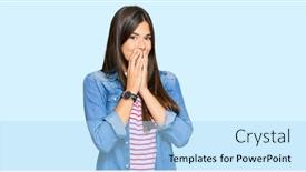  Presentation with scandal - PPT theme with young-brunette-woman-wearing-casual background and a light blue colored foreground