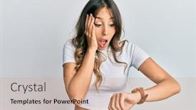  Presentation with late - Slides with young-brunette-woman-wearing-casual background and a coral colored foreground