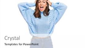  Presentation with woman hands open - Slides with young-brunette-woman-wearing-casual background and a white colored foreground