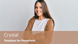  Presentation with army person pressing remote baton - Slides consisting of young-brunette-woman-wearing-casual background and a coral colored foreground