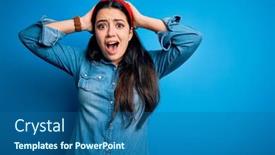  Presentation with woman hands open - Amazing slide deck having young-brunette-woman-wearing-casual backdrop and a ocean colored foreground