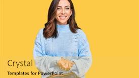  Presentation with optimistic - Presentation design consisting of young-brunette-woman-wearing-casual background and a yellow colored foreground